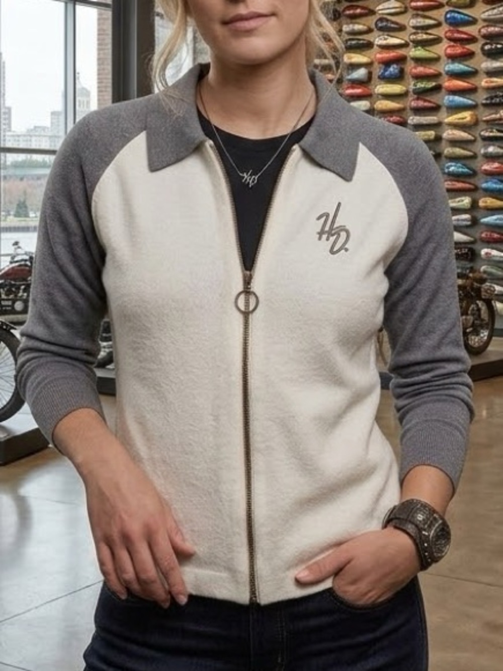 NEW Harley-Davidson Full Zip Biker Sweater Jacket, Grey/Cream, Size L, RARE‼️